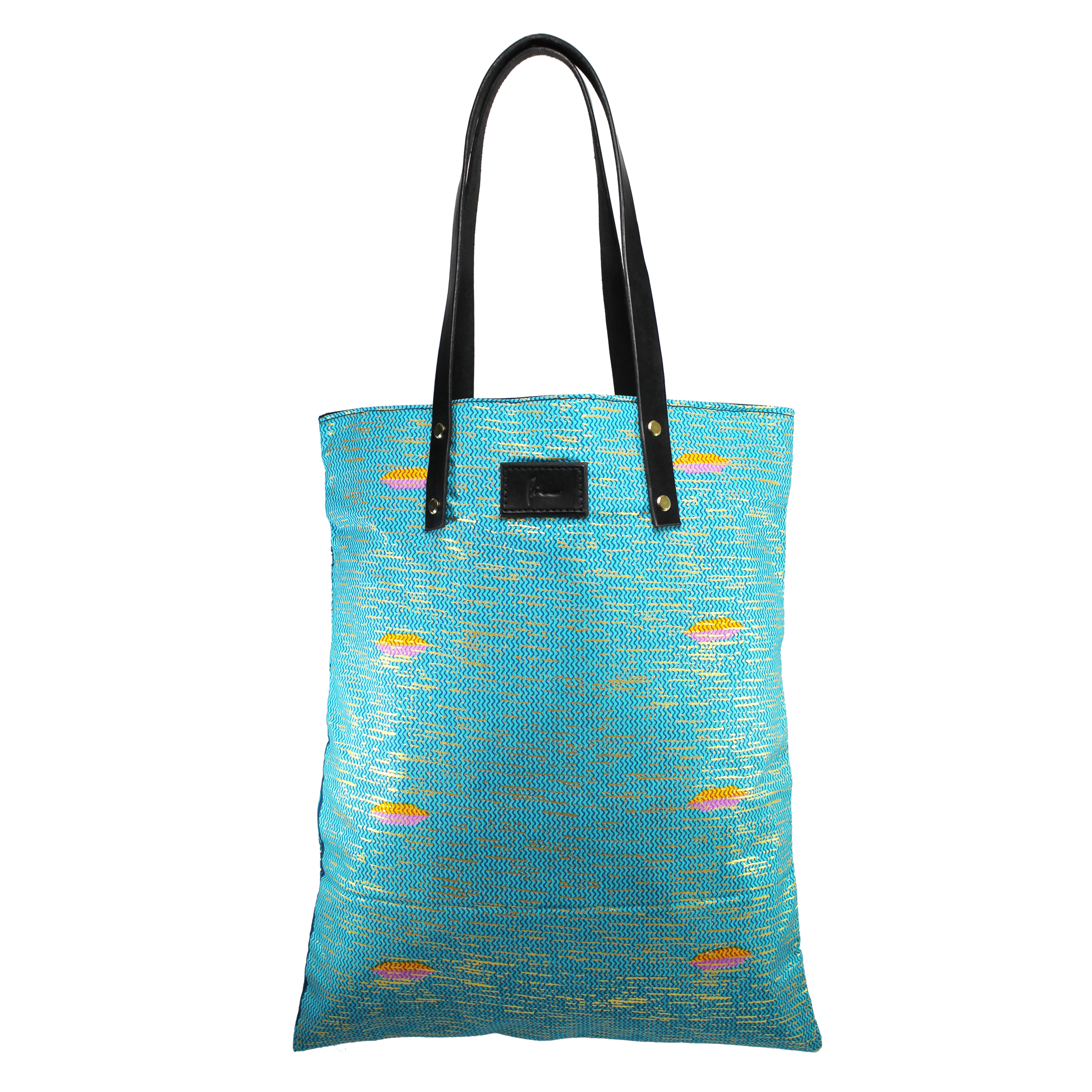 Ankara Tote Bag - Light Blue Gold Streaks