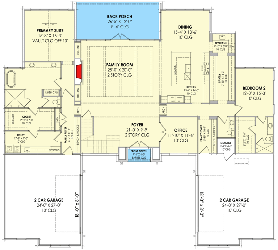 Floor plan of a house showing various rooms including two garages, a family room, kitchen, dining area, primary suite, bedroom, office, foyer, back porch, and utility spaces, with measurements and ceiling heights specified.