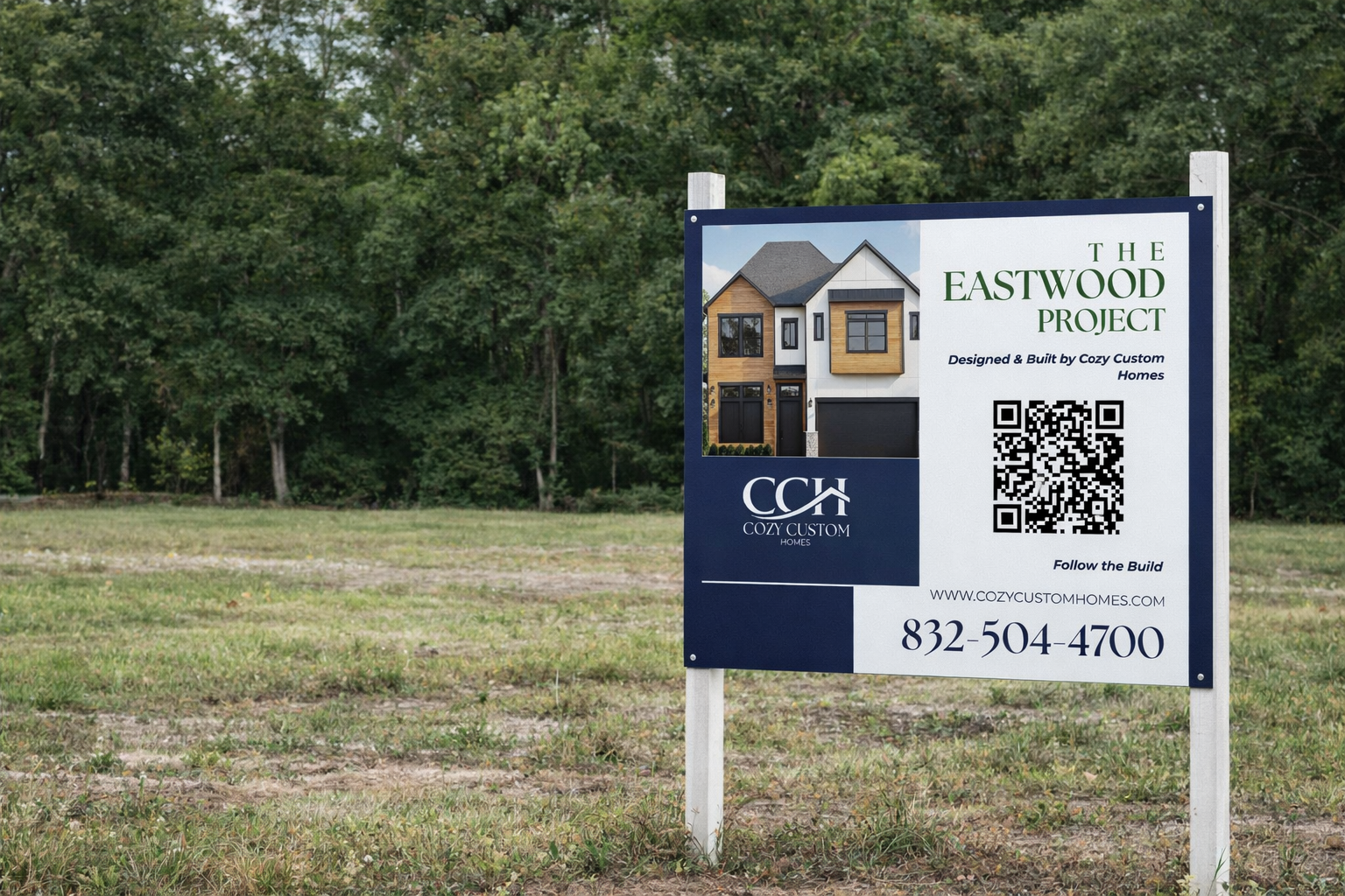 Future custom home site marked with Cozy Custom Homes sign