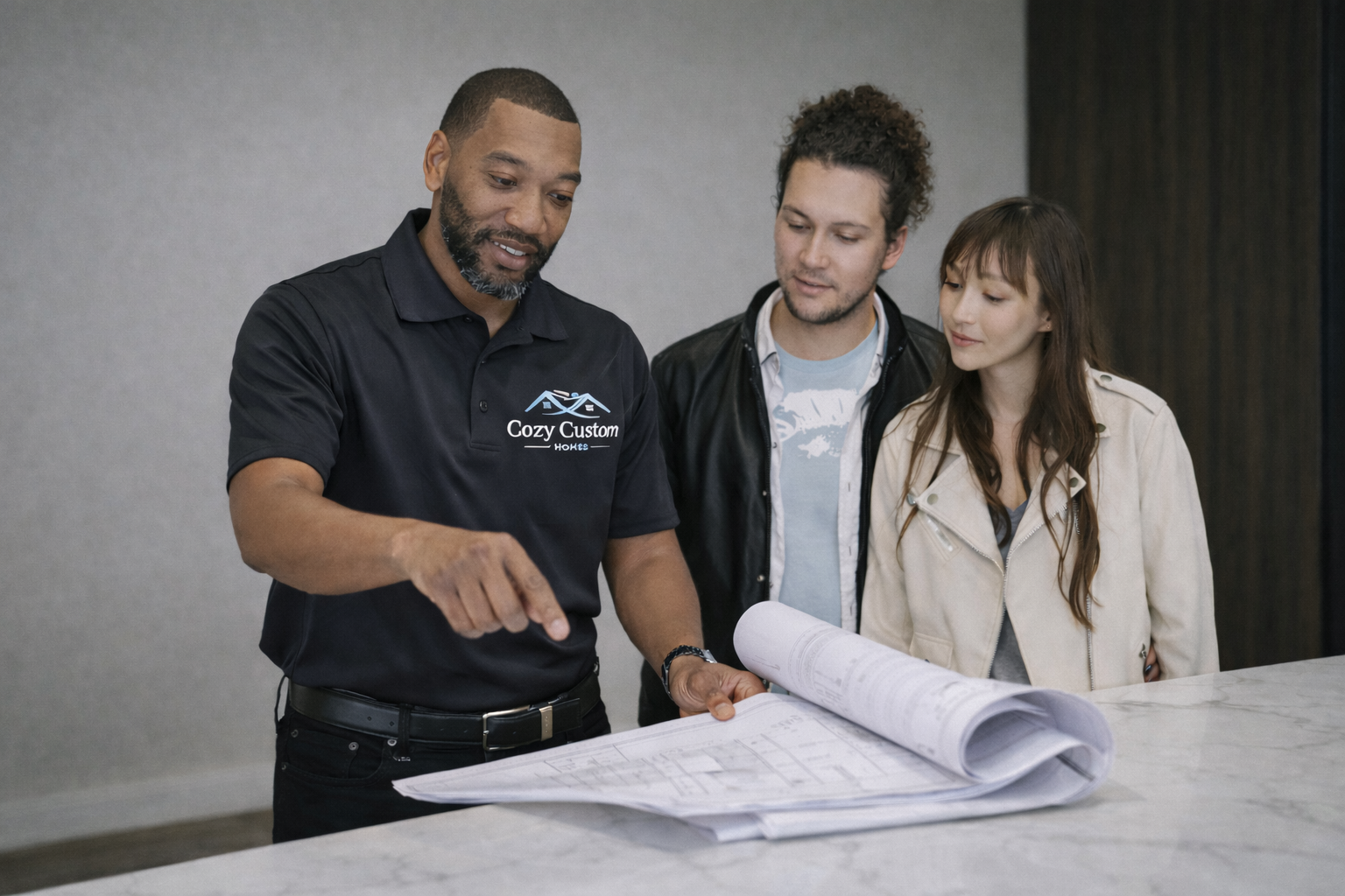 Custom home consultation discussing floor plans and design details