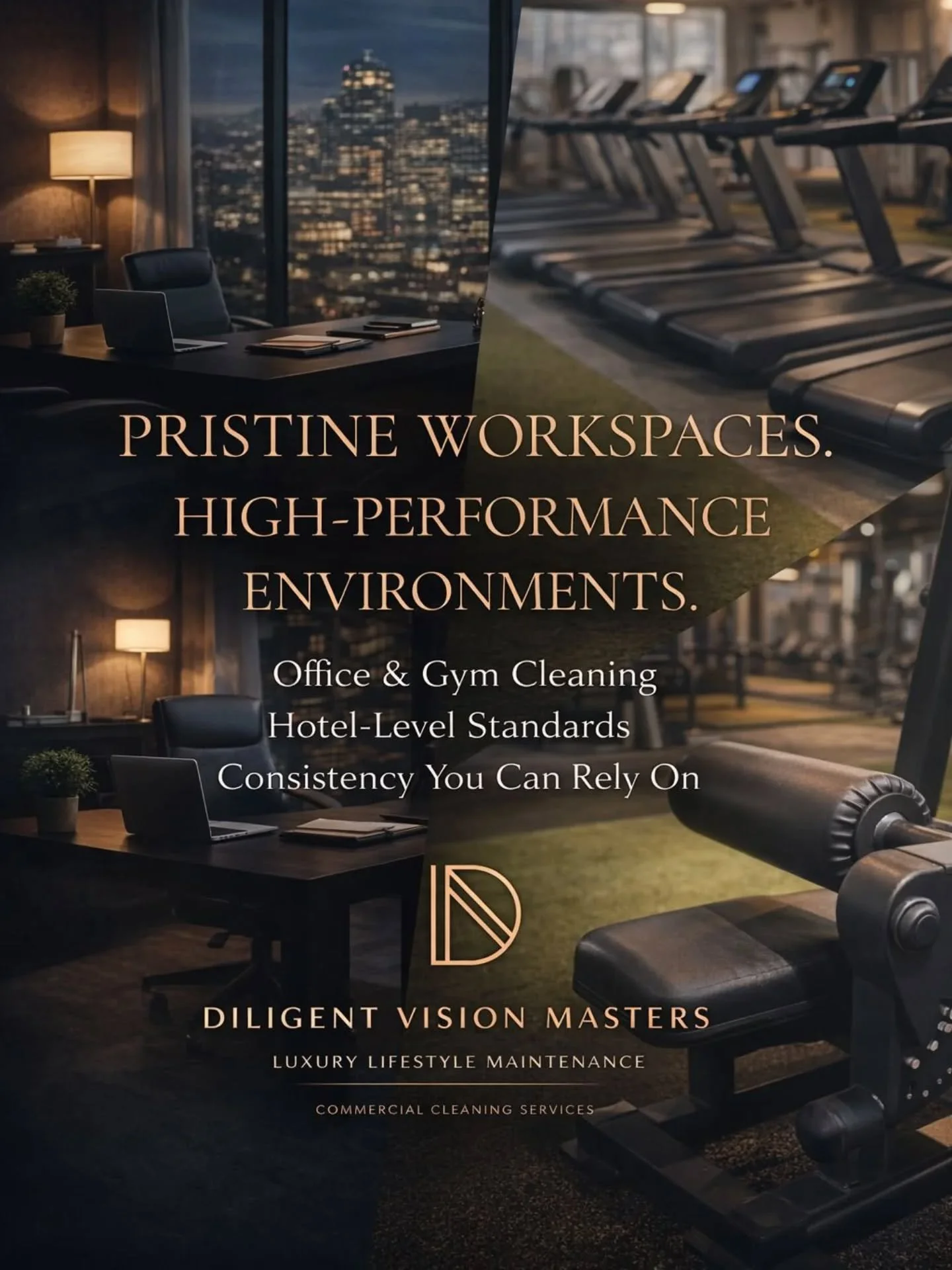 Your workspace reflects your brand.

Your gym reflects your standards.

At Diligent Vision Masters, we maintain high-performance environments.

✔ Offices
✔ Gyms
✔ Commercial Spaces

Structured systems.
Consistent results.
Zero stress for management.

