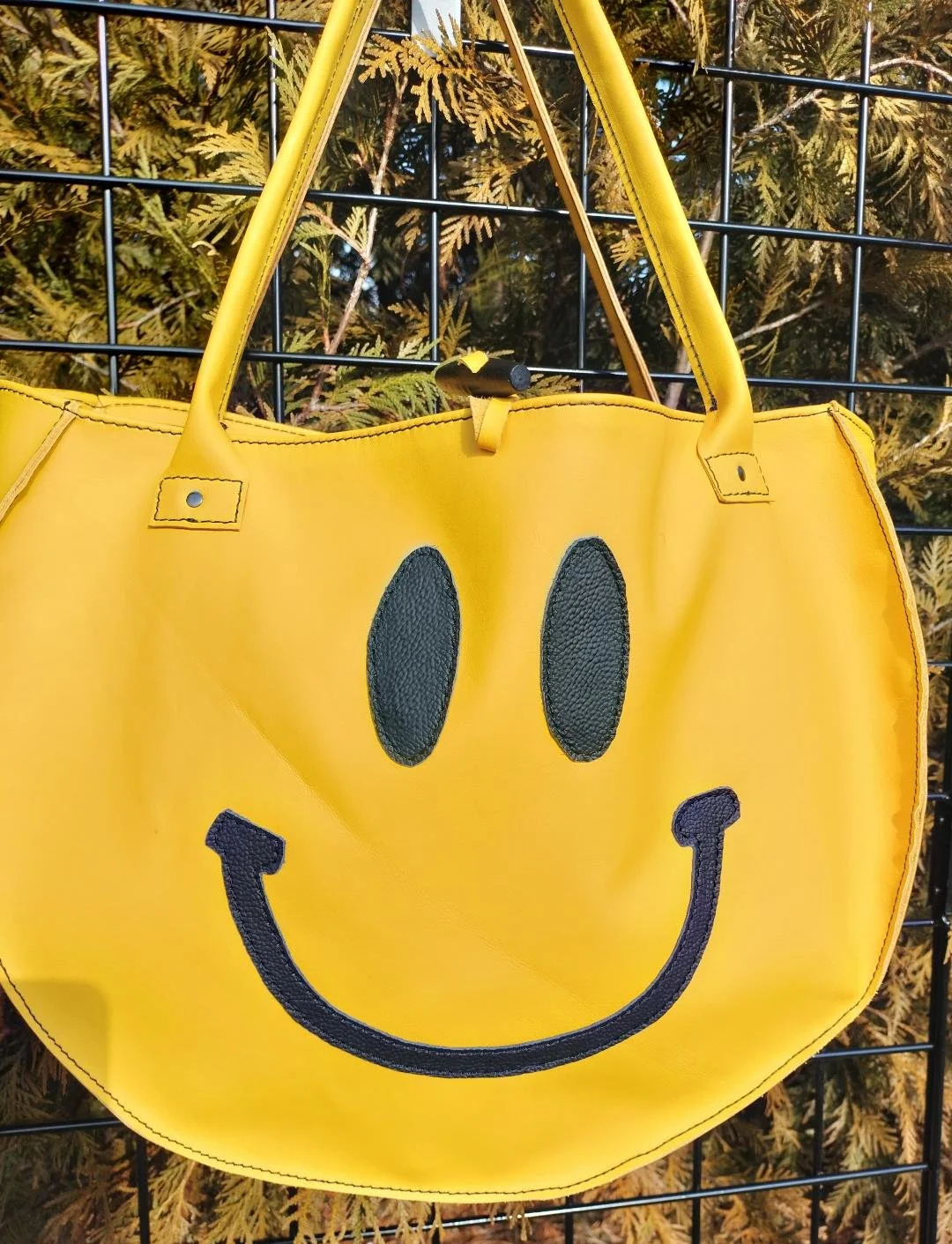 Smiley Face Yellow Leather Tote Bag