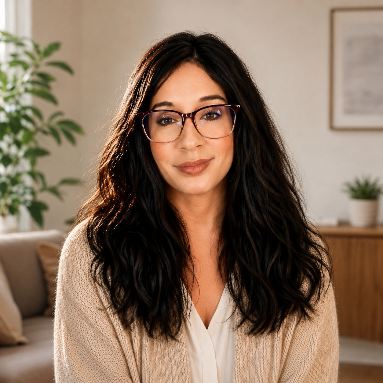 Amanda R. Martinez, licensed social worker and owner of River Cadence Therapy, smiling in a welcoming home setting.