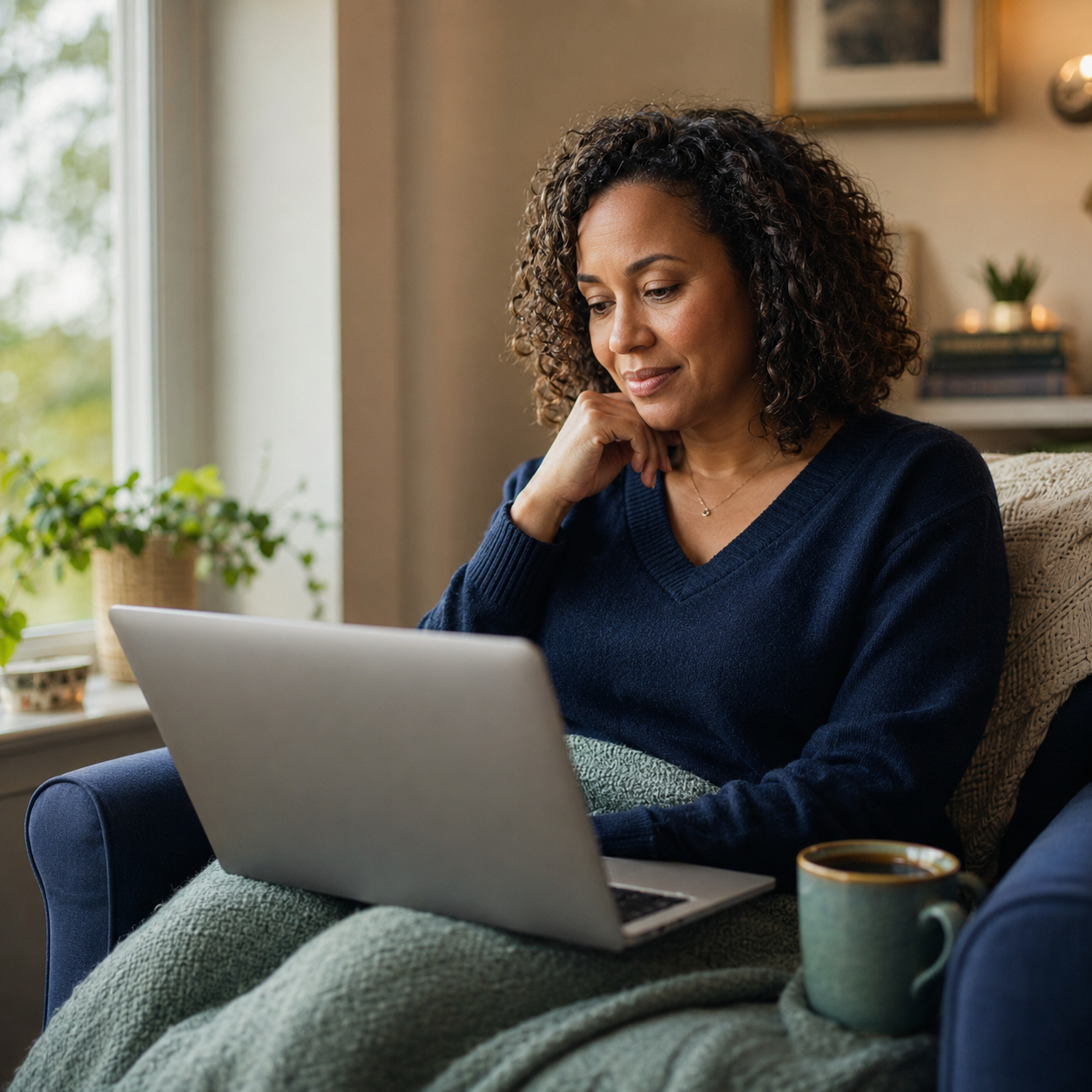 Woman using a laptop while seated comfortably on a couch near a window.