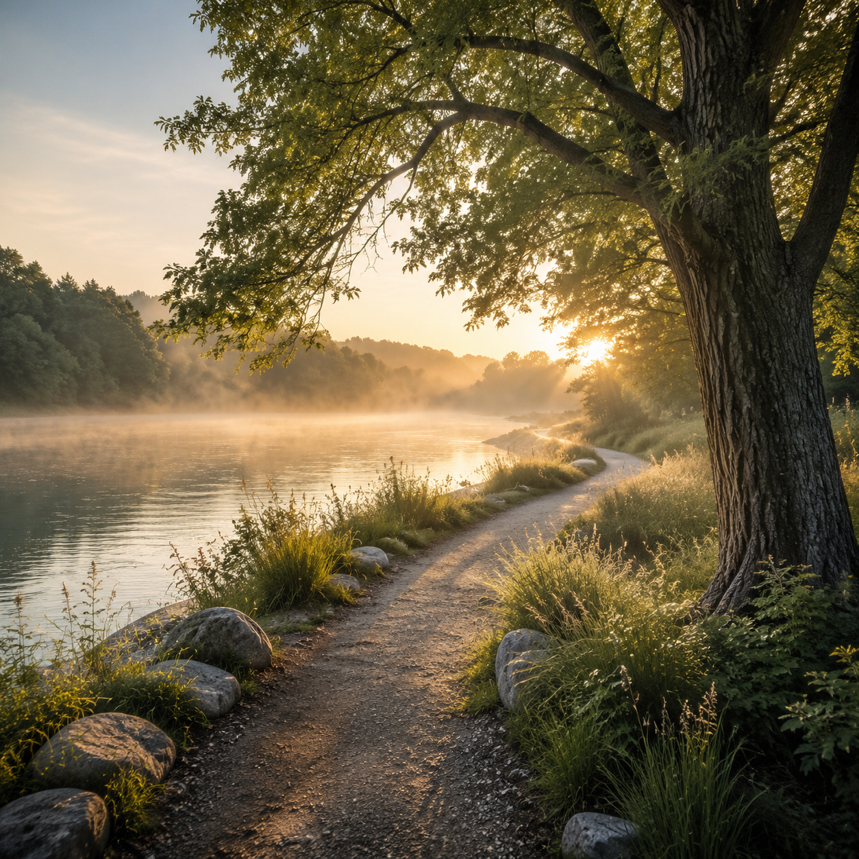 Path along a river at sunrise with a large tree in the foreground, mist rising over the water, and lush trees on the distant hills.