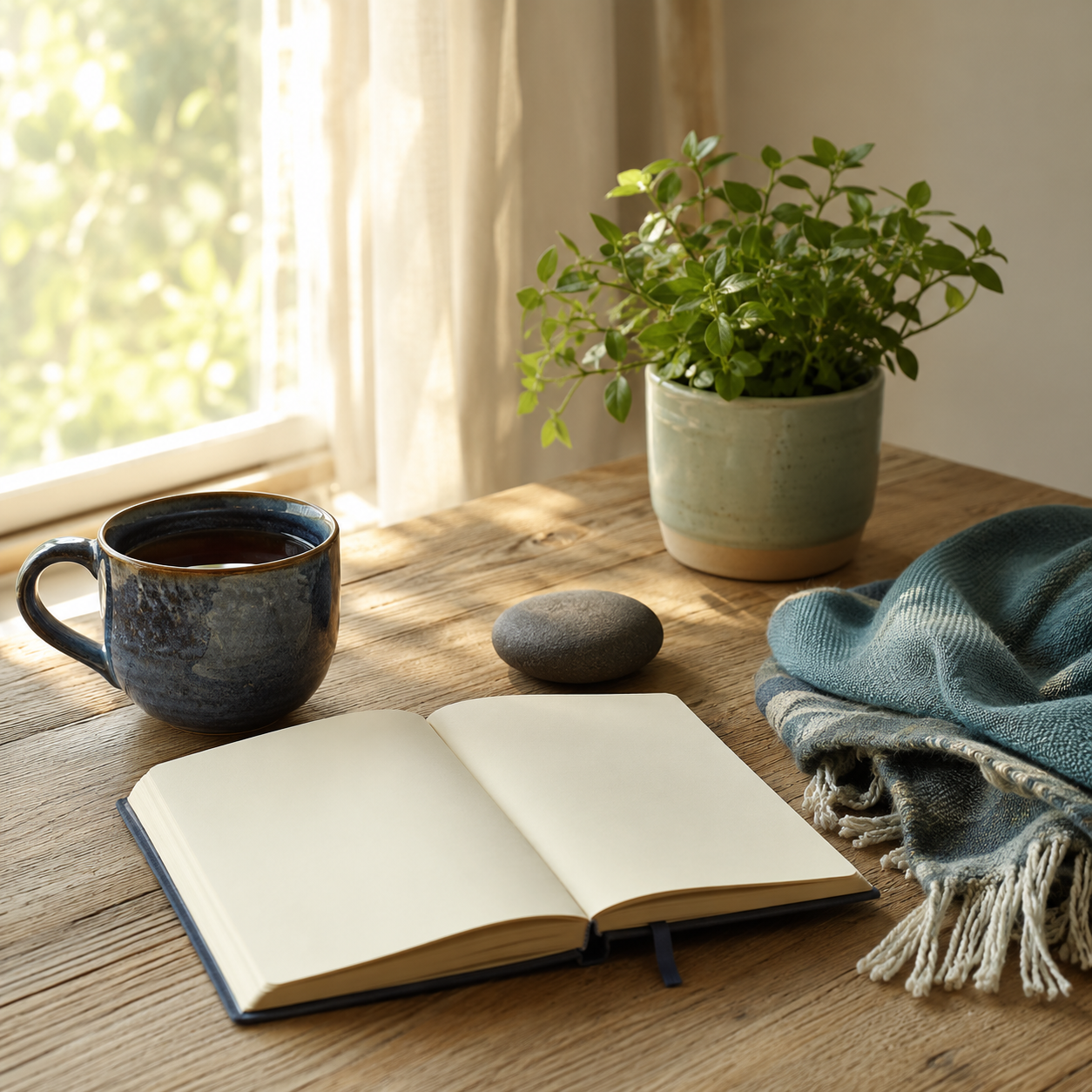 Open notebook and coffee mug beside a potted plant on a wooden table.