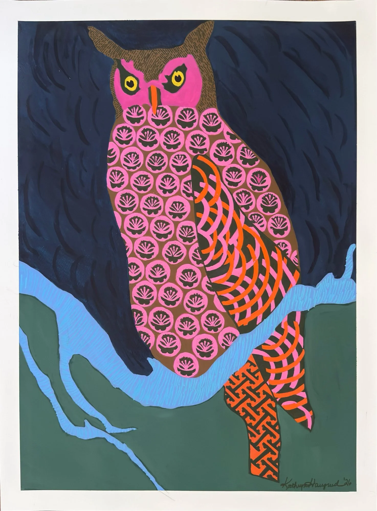 Pink Owl on Blue Branch