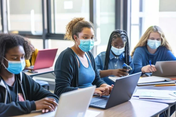 Group of diverse students sitting at a table in a classroom, wearing face masks, using laptops and taking notes.