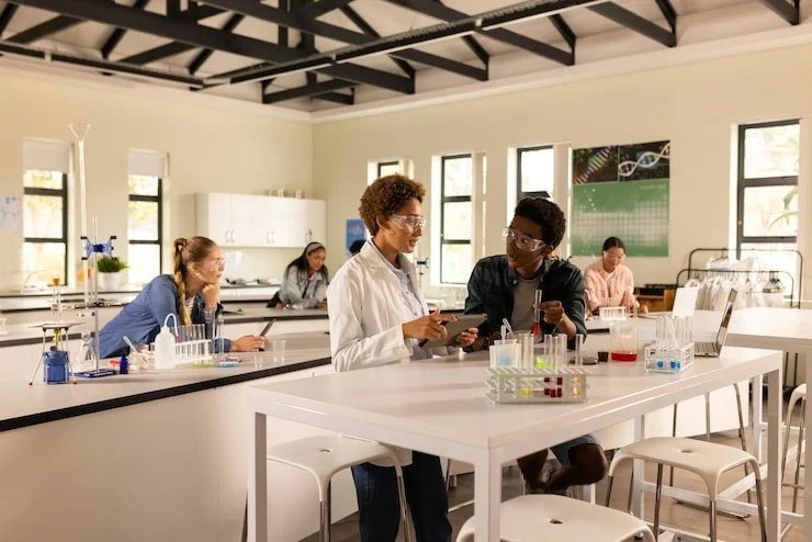 A science classroom with students and a teacher working on experiments and discussing. The room has large windows, lab tables with test tubes and scientific supplies, and a periodic table poster.