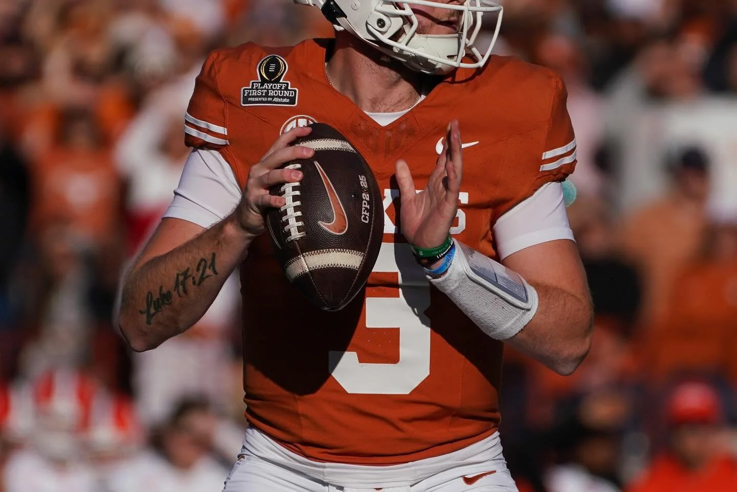 The Texas Longhorns defeat the Clemson Tigers in the first round of the College Football Playoff on Saturday, December 21, 2024. The Longhorns advance to the Peach Bowl which will be played January 1, 2025 against Arizona State.
