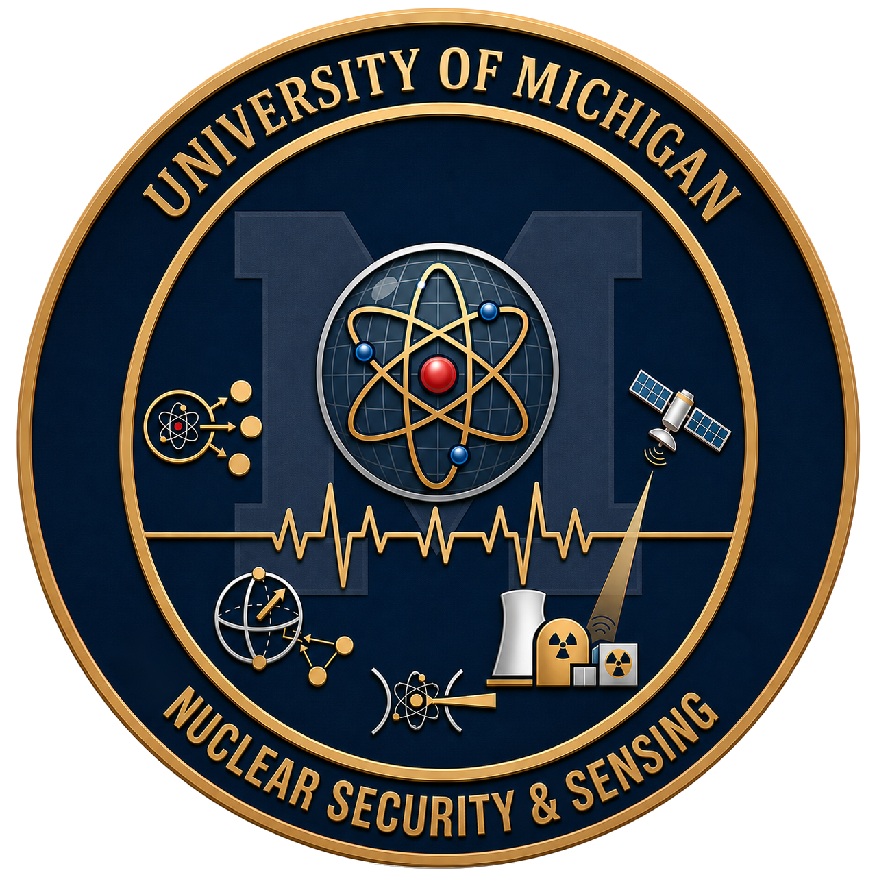 Emblem for the University of Michigan Nuclear Security and Sensing Laboratory, featuring atom symbols, satellite, nuclear symbol, and scientific icons, with text around the border.