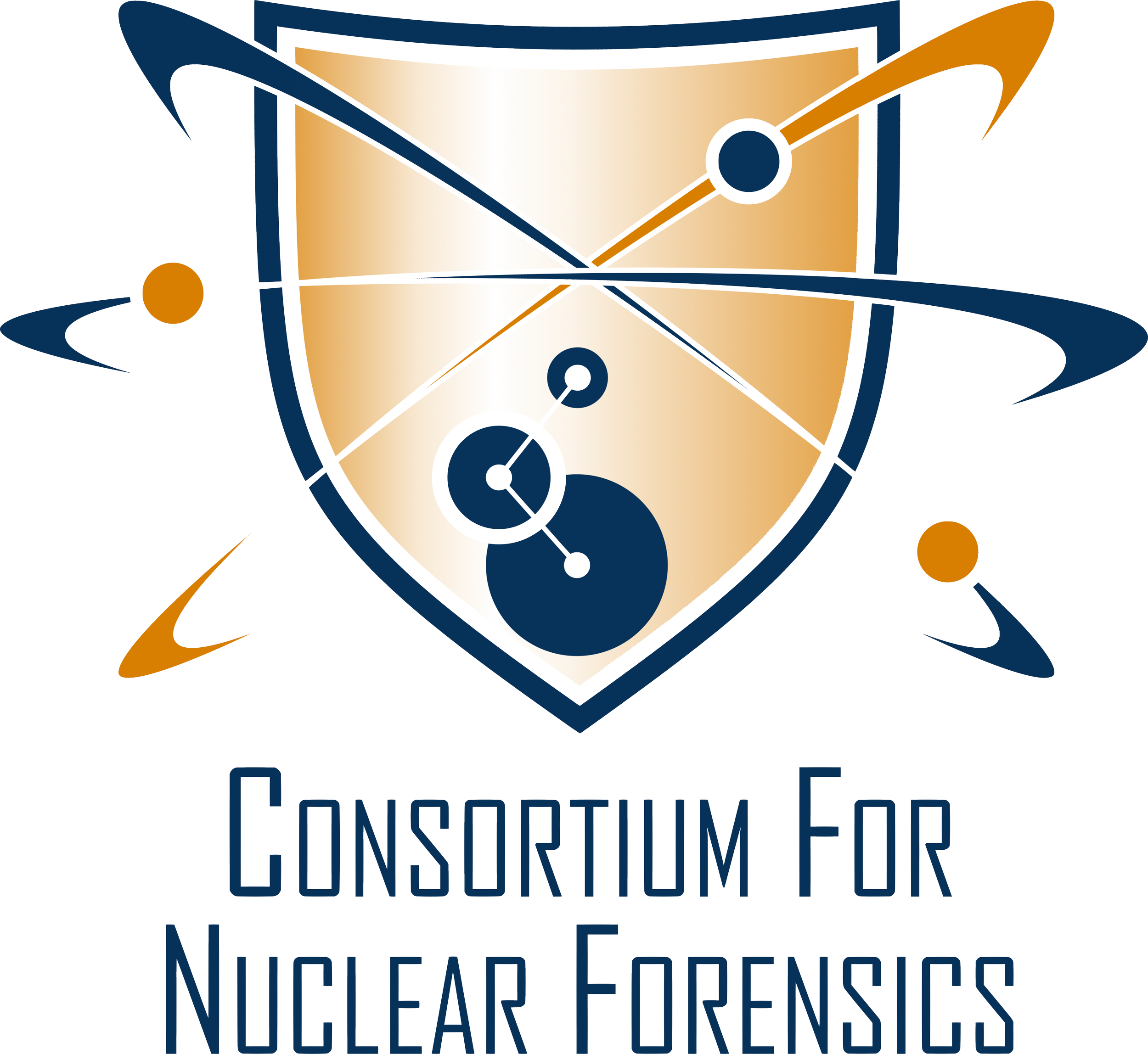 Logo of the Nuclear Forensics Consortium featuring a stylized atom with orbitals and the name underneath.