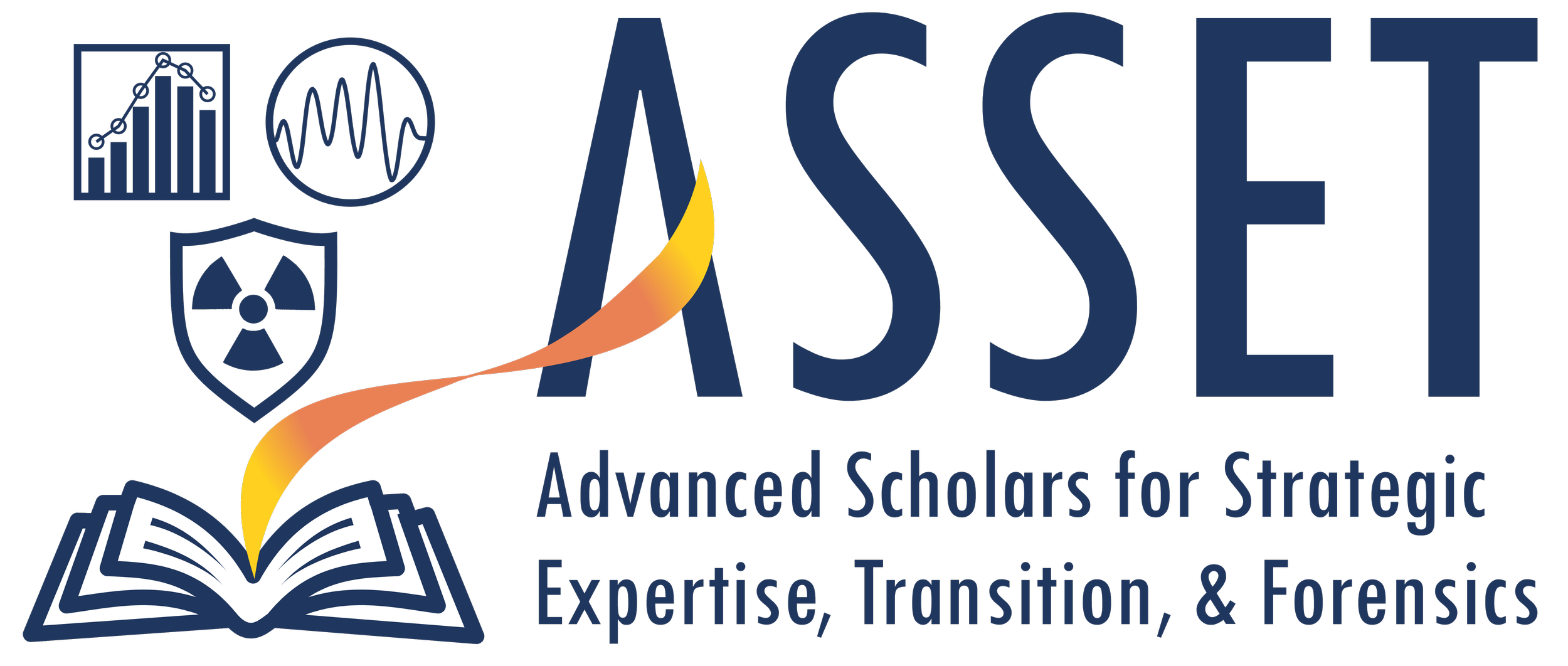 Logo of ASSET, an organization focused on advanced scholars for strategic expertise, transition, and forensics, with icons of a bar chart, a waveform, a radiation symbol, and an open book.