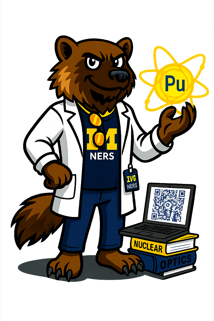 A cartoon wolf dressed as a scientist, wearing a white lab coat, a dark shirt, and a badge with 'IVG NERS'. The wolf holds a yellow symbol with 'Pu' in blue, representing plutonium. There are books labeled 'NUCLEAR' and 'OPTICS' and a laptop with a QR code. The background is dark with a glowing blue light.