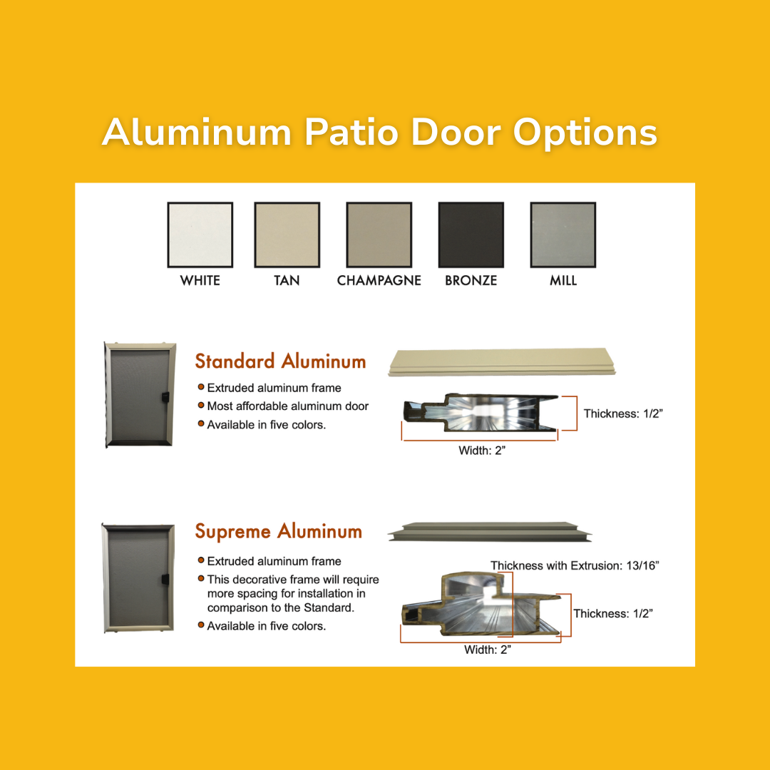 A color chart for aluminum patio doors showing options in white, tan, champagne, bronze, and mill. It features two types of aluminum doors: standard aluminum with an extruded aluminum frame and a 1/2 inch thick door, and supreme aluminum with a decorative frame requiring more installation space and a 13/16 inch thick frame with extrusion. The image includes small illustrations of the doors and measurements.