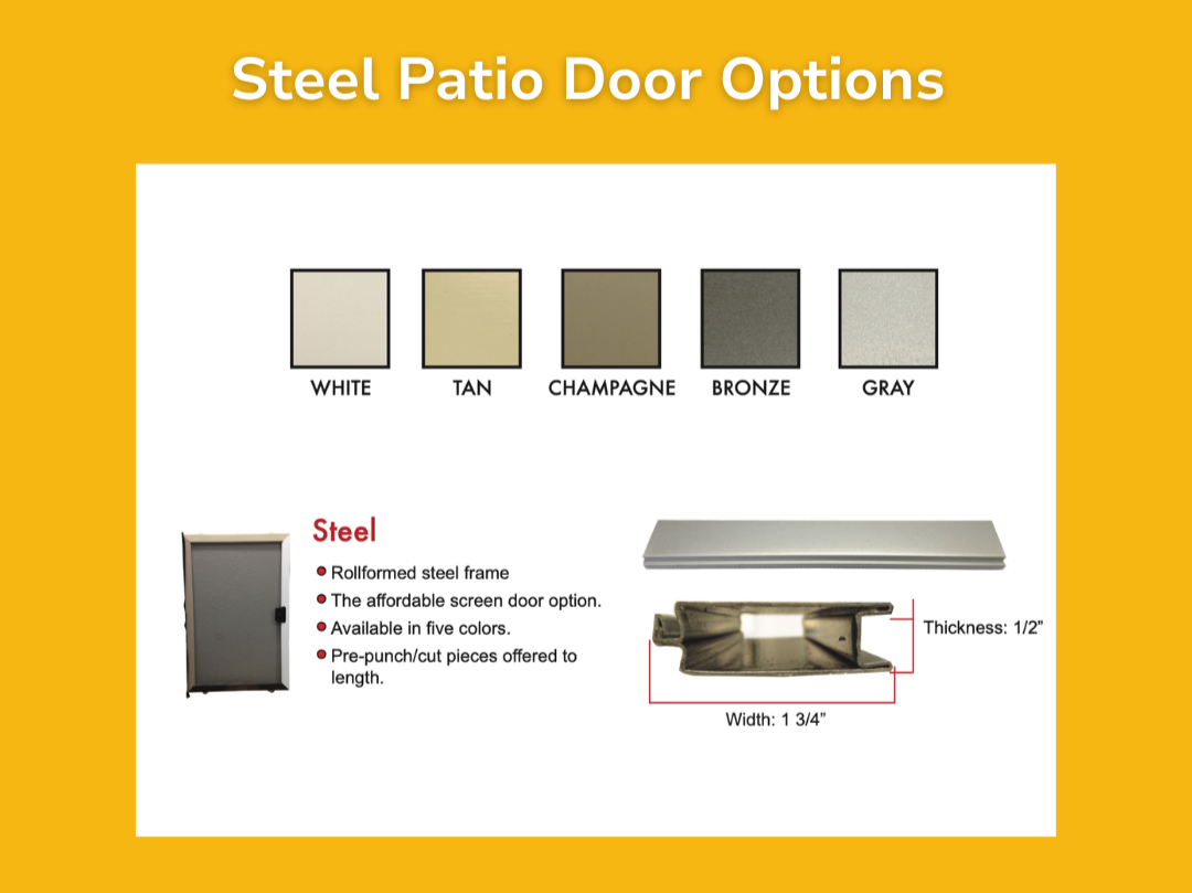 A promotional graphic displaying options for steel patio doors, including color swatches in white, tan, champagne, bronze, and gray, with details about the steel frame, screen door, and measurements.