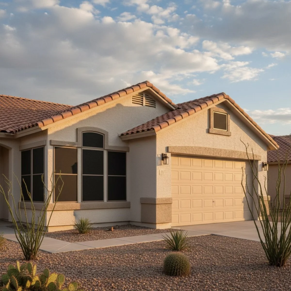 A suburban house with a beige garage door, large windows, and a tiled roof, surrounded by desert plants under a blue sky with clouds.