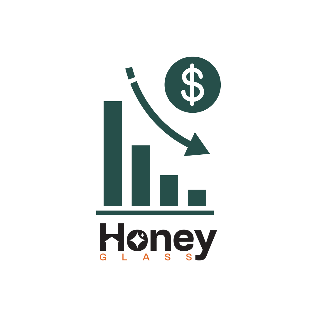 A graph with decreasing bars, a downward arrow, and a dollar sign, along with the words "Honey Glass" at the bottom.