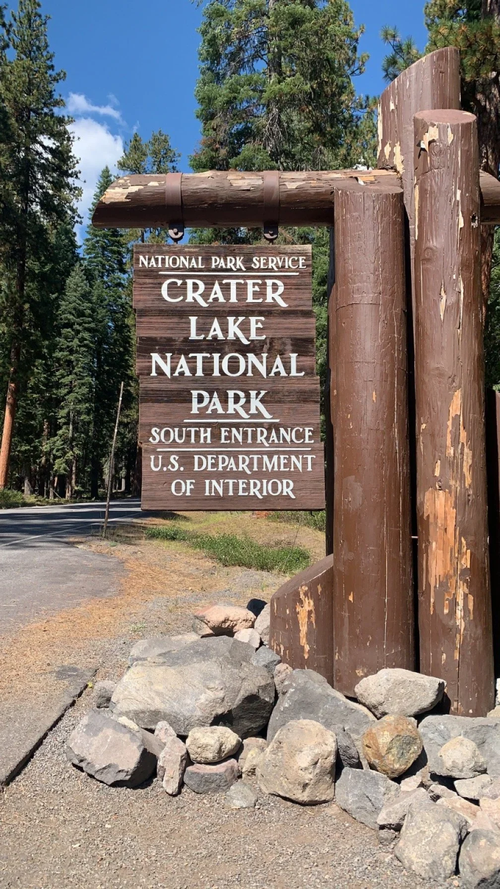 South Entrance to Crater Lake National Park. The Park Entrance is only 45 minutes from the Klamath Inn...it might be nice to stay at the Crater Lake National Park lodge, but the lodge is notoriously hard to get a booking, even month ahead of time and