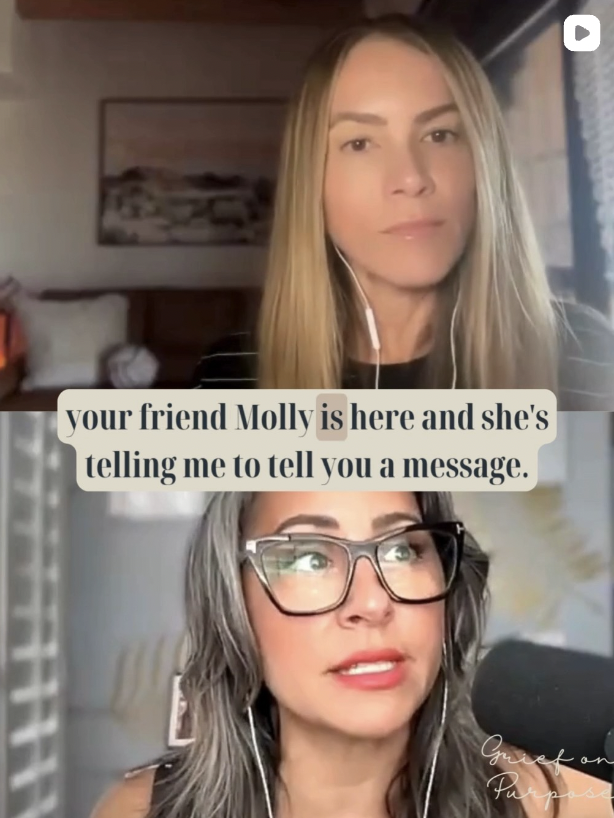 Two women having a video call. The woman on top has long blonde hair and is wearing a black shirt. The woman on the bottom has gray hair, glasses, and is speaking into a microphone. There are subtitles that say, 'your friend Molly is here and she's t