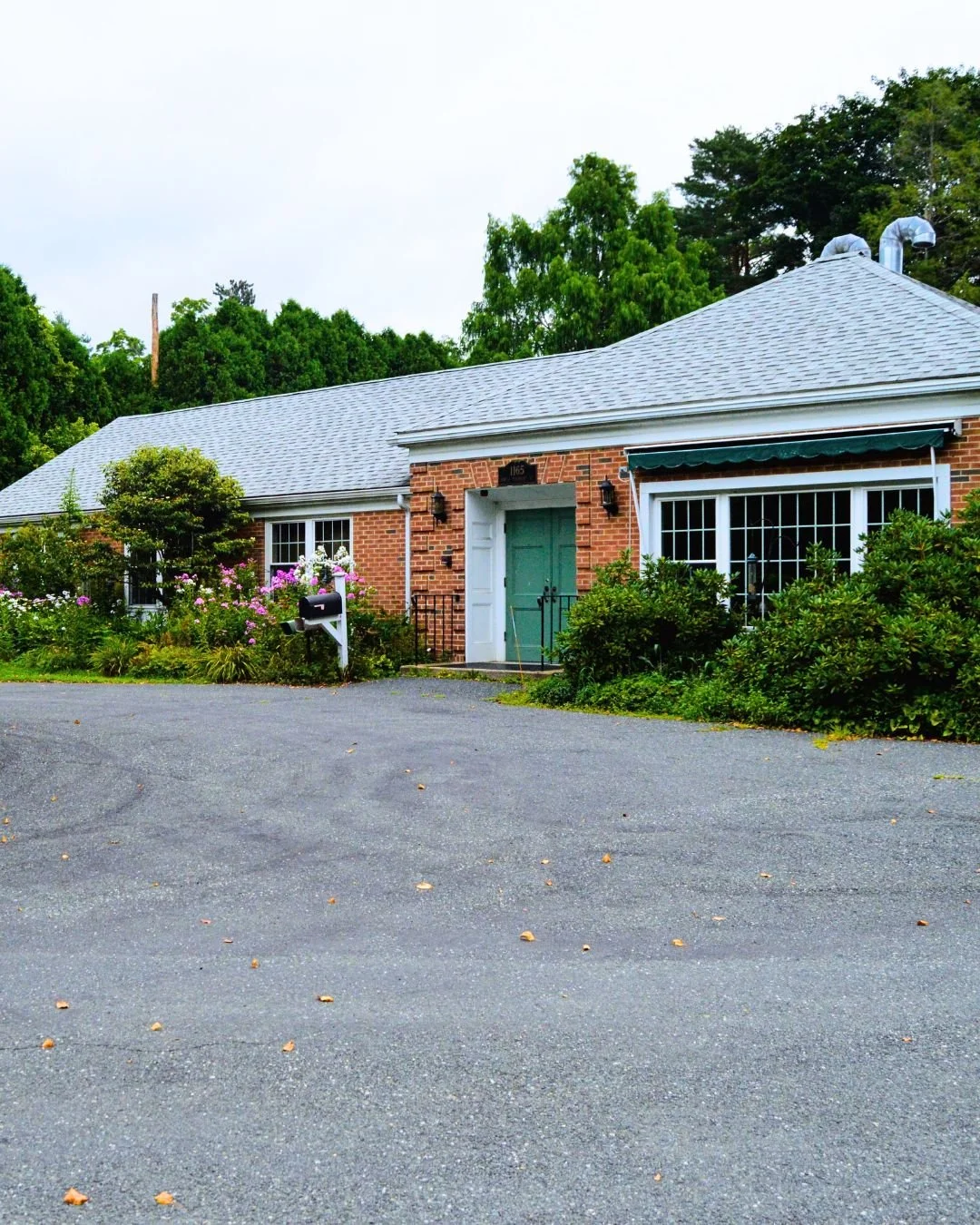 A single-story brick house with a gray shingle roof, green front door, and large windows. There are bushes and pink flowers in front, a mailbox, and a driveway leading up to the house. Trees are in the background.