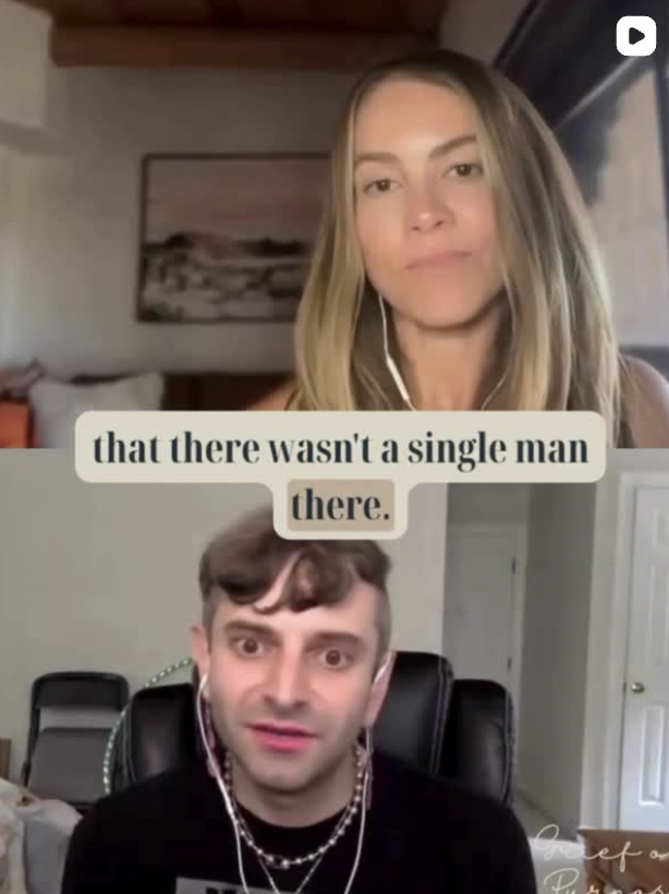 A woman and a man are on a video call. The woman has long blonde hair and a neutral expression. The man has short brown hair, wide eyes, and an expressive face, wearing a black shirt and multiple necklaces. There is text overlayed on the image that s