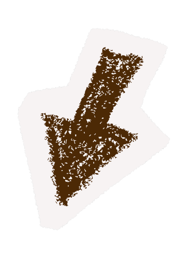 A 3D representation of a hand pointing downward with a dark brown arrow, outlined in white, set against a black background.
