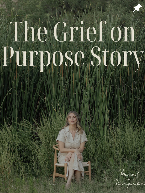 Book cover titled 'The Grief on Purpose Story' with a woman sitting on a wooden chair outdoors amidst tall green grass and plants.