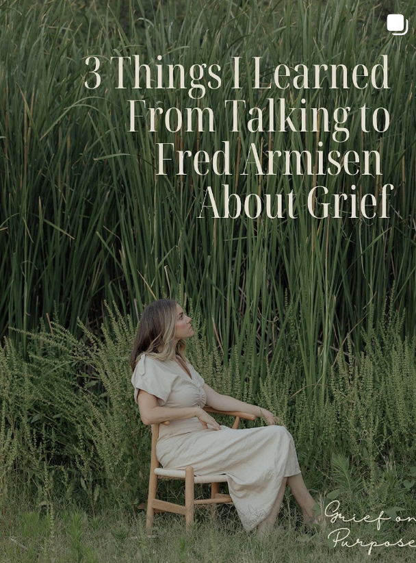 Book cover featuring a woman in a cream dress sitting on a wooden chair outdoors with tall green grass and plants in the background. Title text reads, '3 Things I Learned From Talking to Fred Armisen About Grief' and the author name 'Grief on Purpose