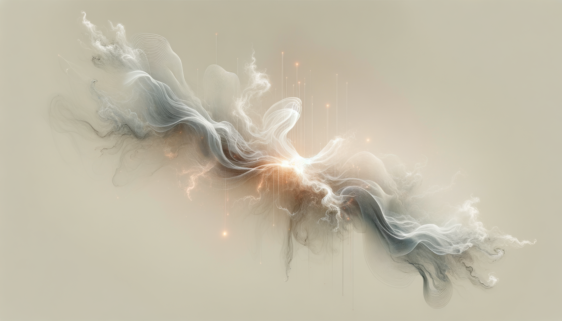 Abstract digital artwork with glowing light and smoke-like swirls in shades of white, gray, and black on a beige background.