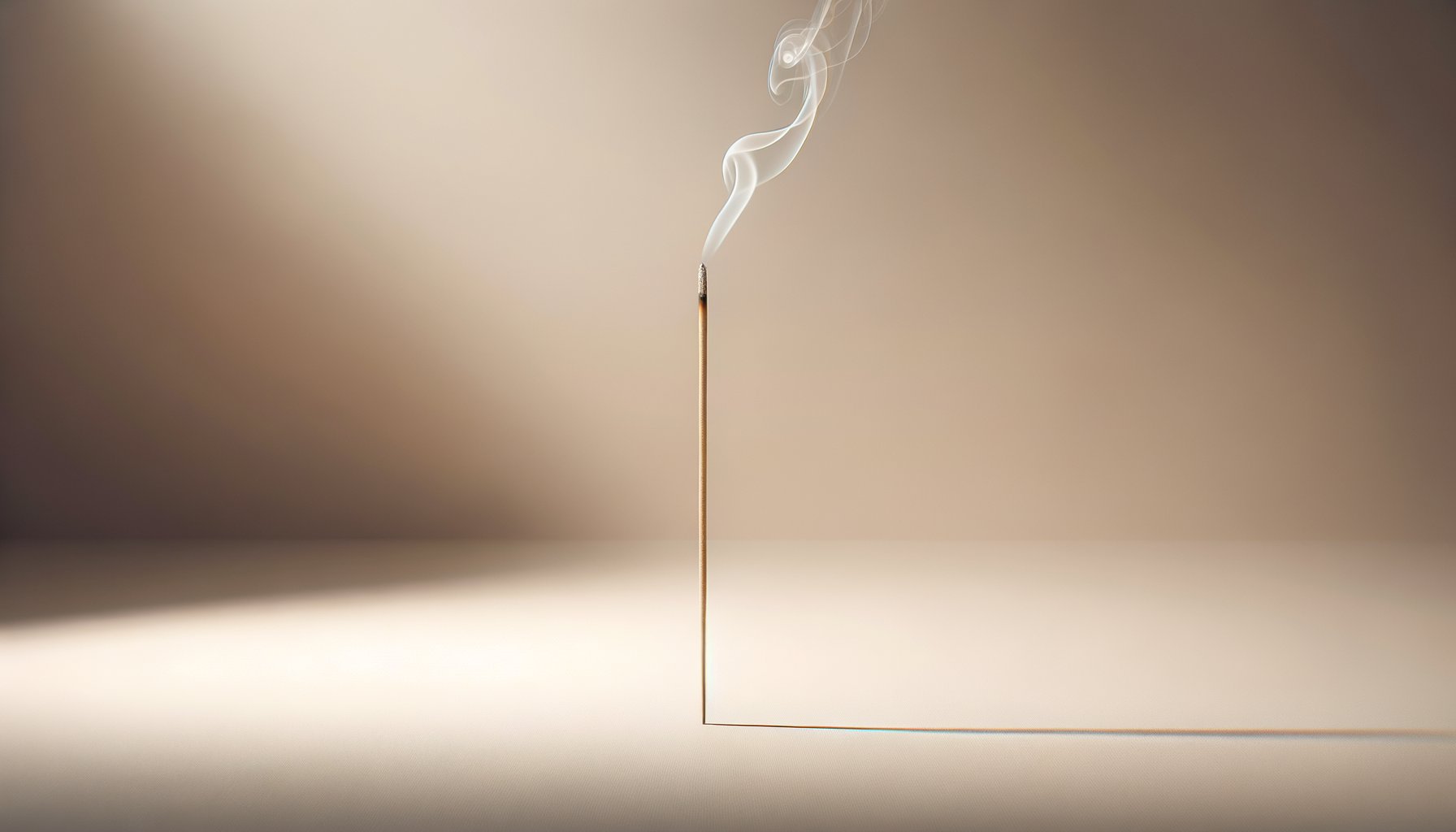 A lit matchstick with smoke rising from its tip, positioned vertically on a smooth surface with a blurred neutral background.