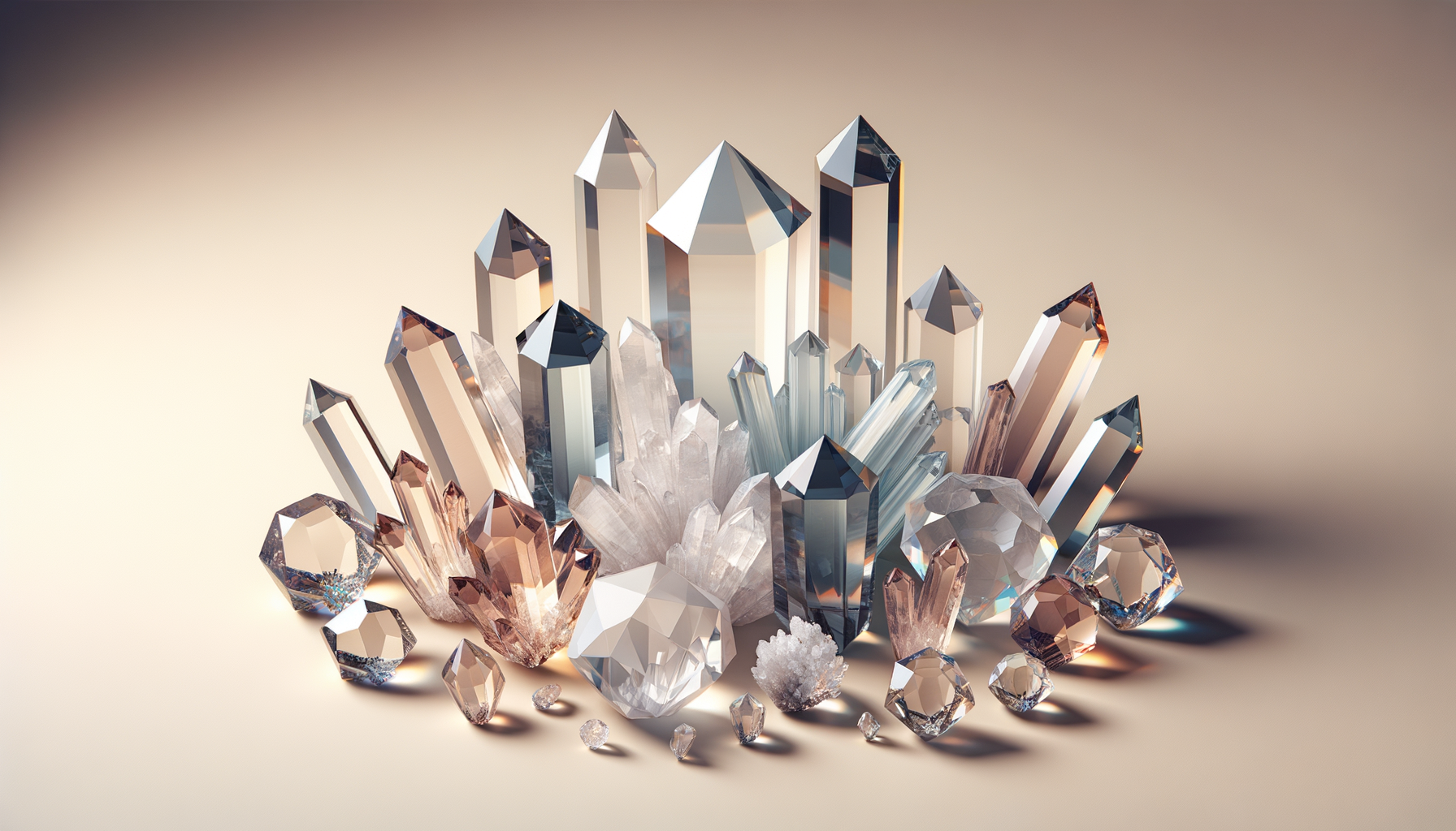 A collection of variously shaped and colored diamond-like crystals arranged on a surface.