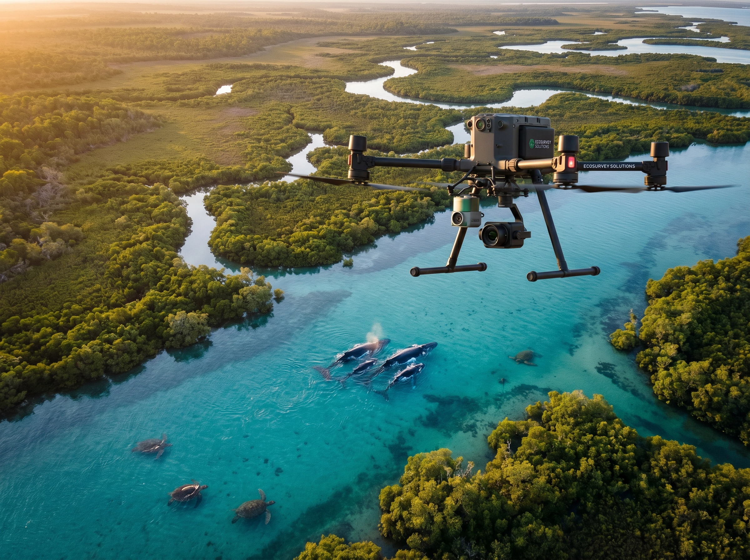 A drone mapping environmental datasets and wildlife over a winding river with dense green mangrove forests, and a whale swimming in the water in the background as an image representing DeepSky IQ capabilities.