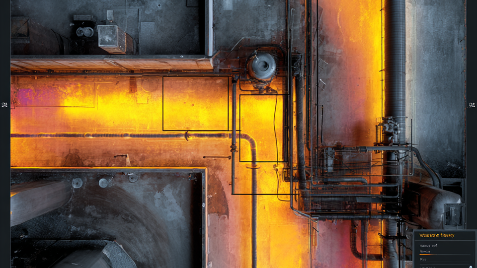 Aerial view of an industrial facility with orange-lit thermal overlay of the metal pipes, and machinery.