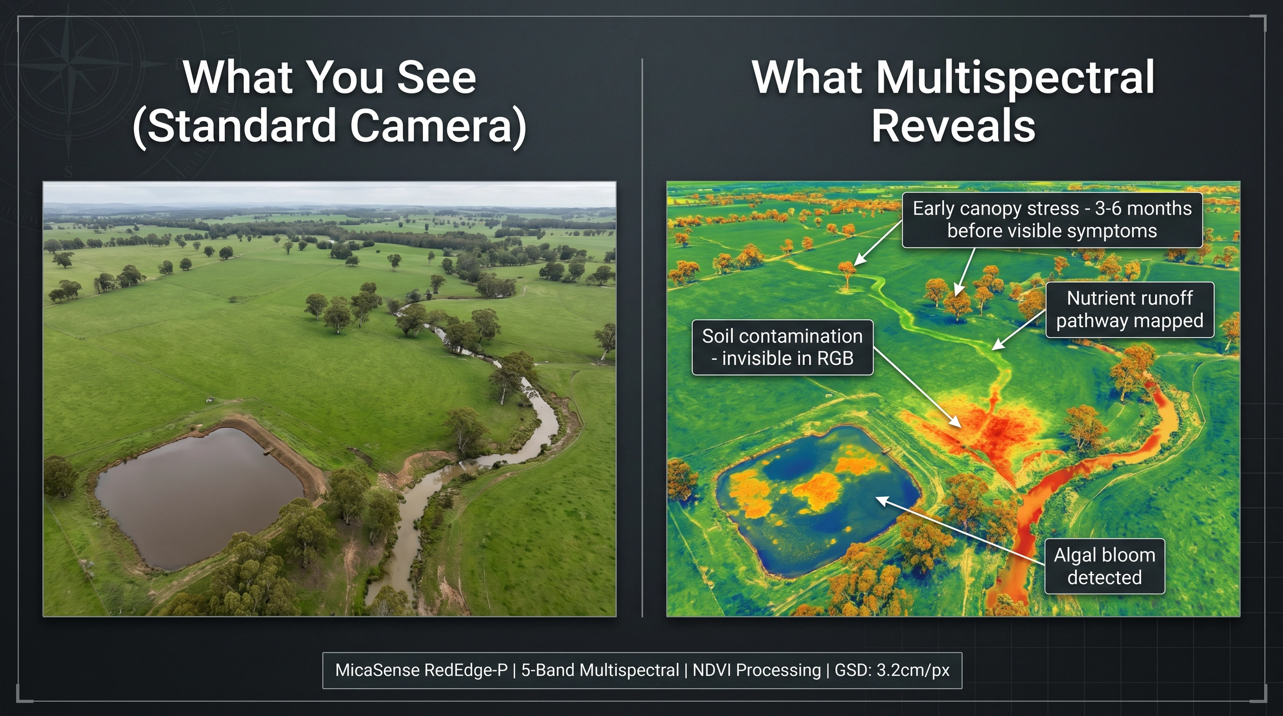 DeepSky IQ comparison of images: left showing what is visible to the eye; right showing a multispectral analysis with vegetation health indicators, soil contamination, early canopy stress, nutrient runoff, and algal bloom detection.