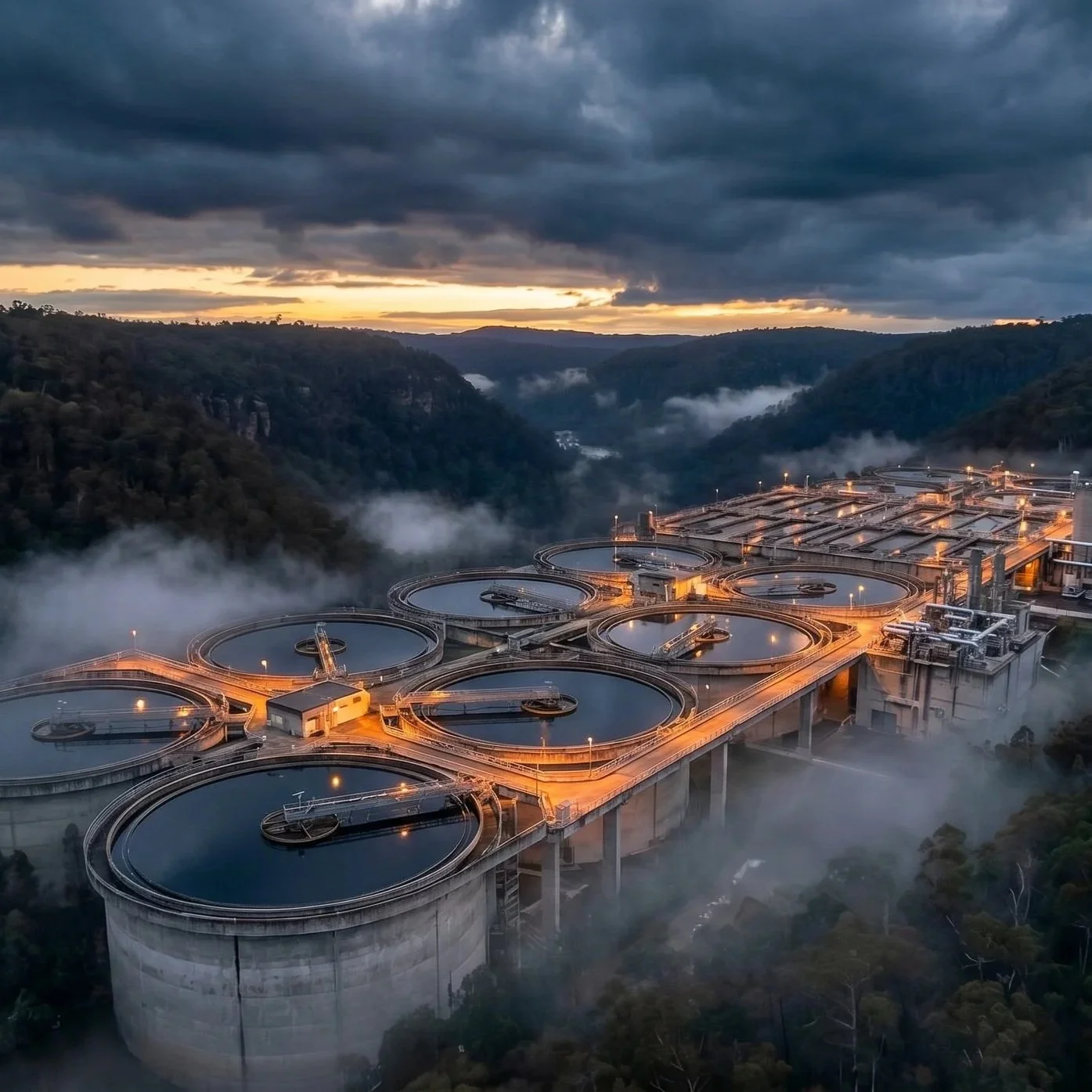 A large hydroelectric dam or water treatment site in a valley surrounded by hills and trees, with water held in circular reservoirs being insp[ected by a drone by Deepsky IQ