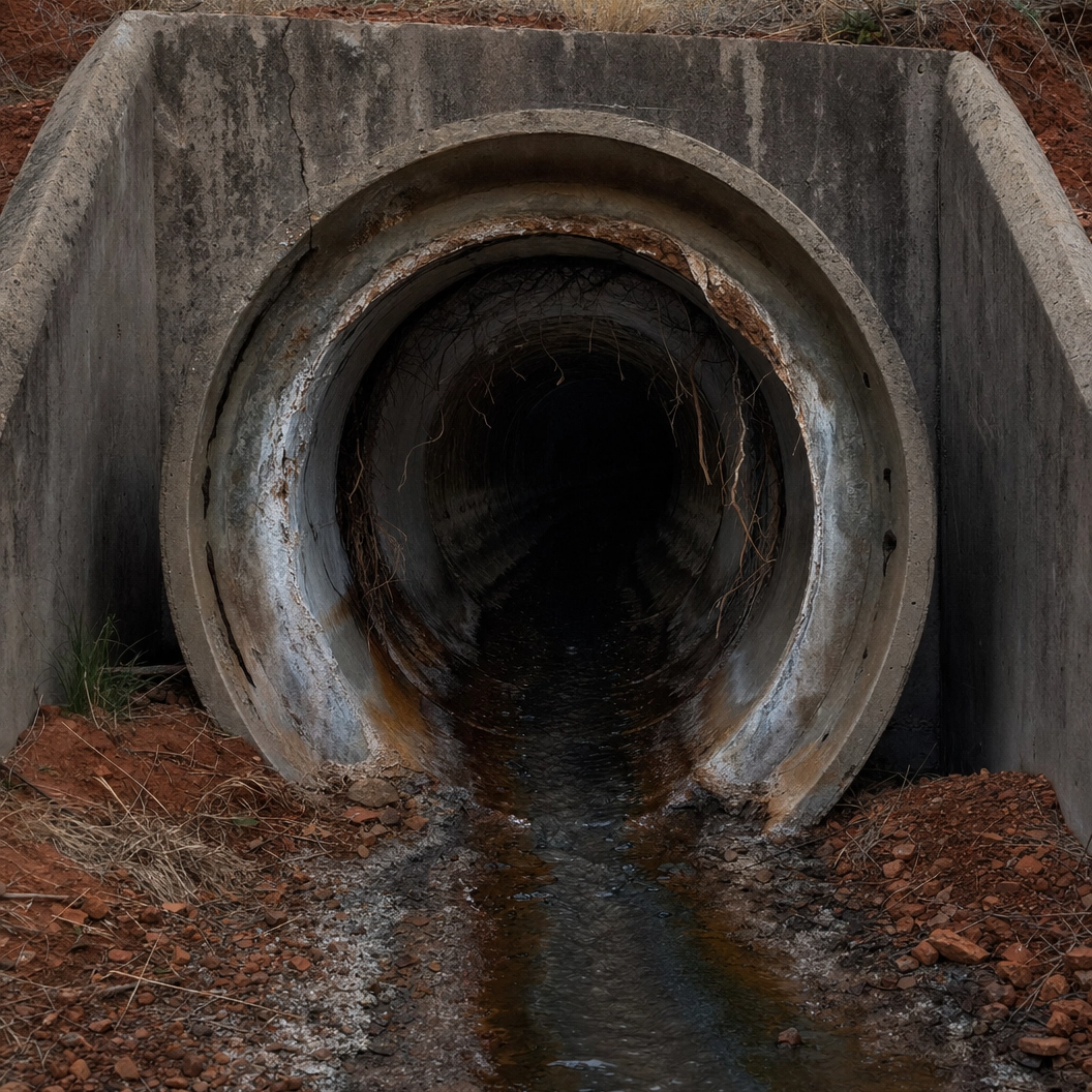 A concrete culvert pipe with water flowing into the dark interior, surrounded by reddish soil and sparse grass, for a confined space drone inspection by DeepSky IQ.