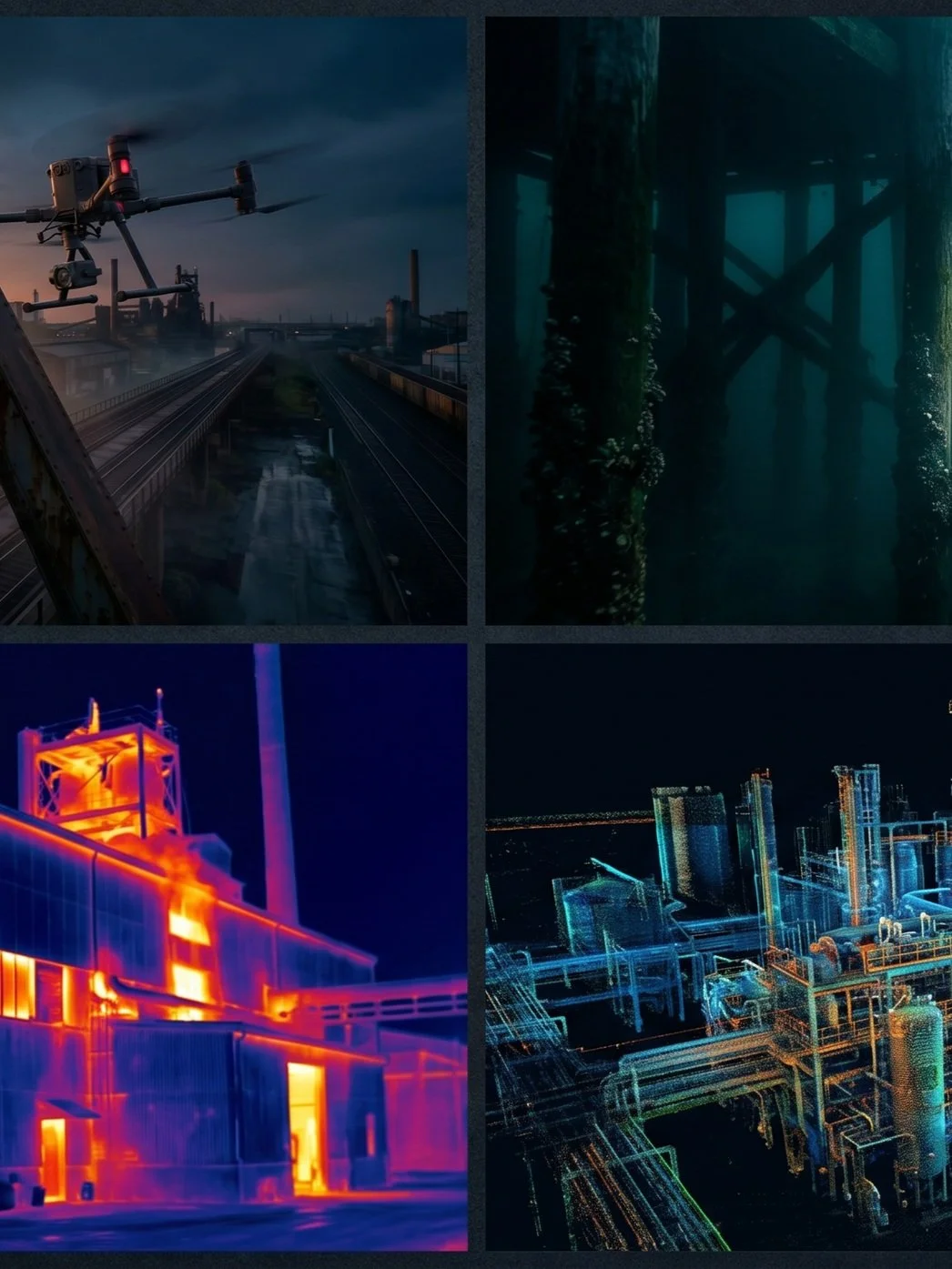 A collage of four images showing different technological capabilities by DeepSky IQ: Aerial, underwater, a thermal image and a digital model of a city skyline.