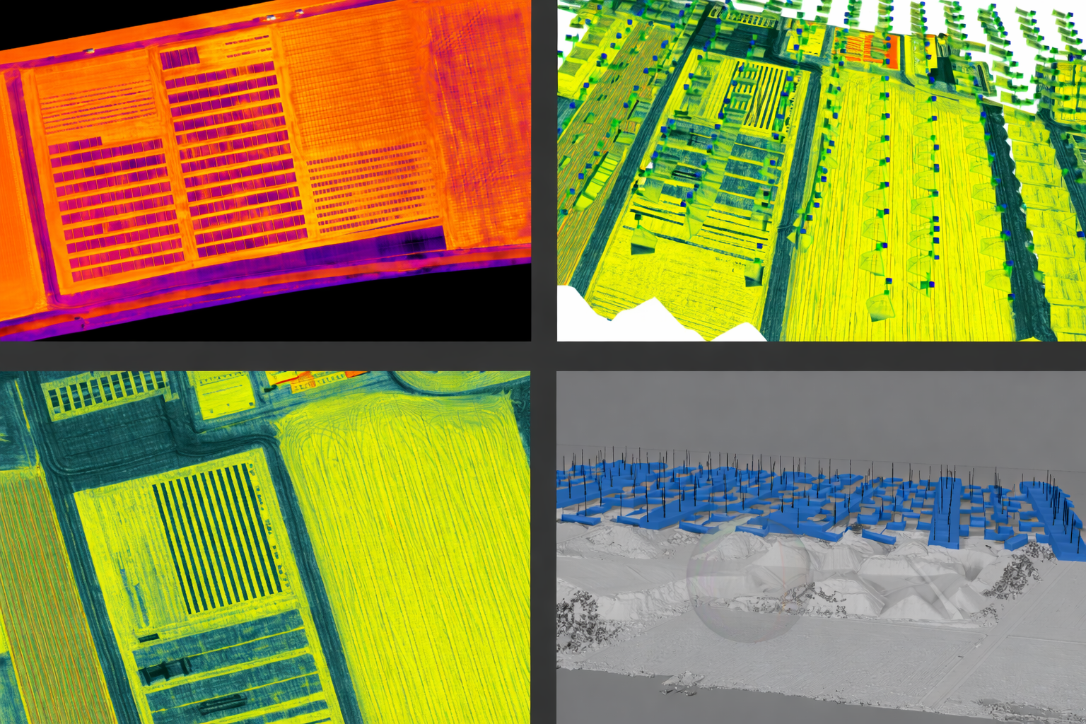 Four different aerial views of terrain analysis and 3D modeling images, showing urban and agricultural areas with color-coded topographical and structural features.