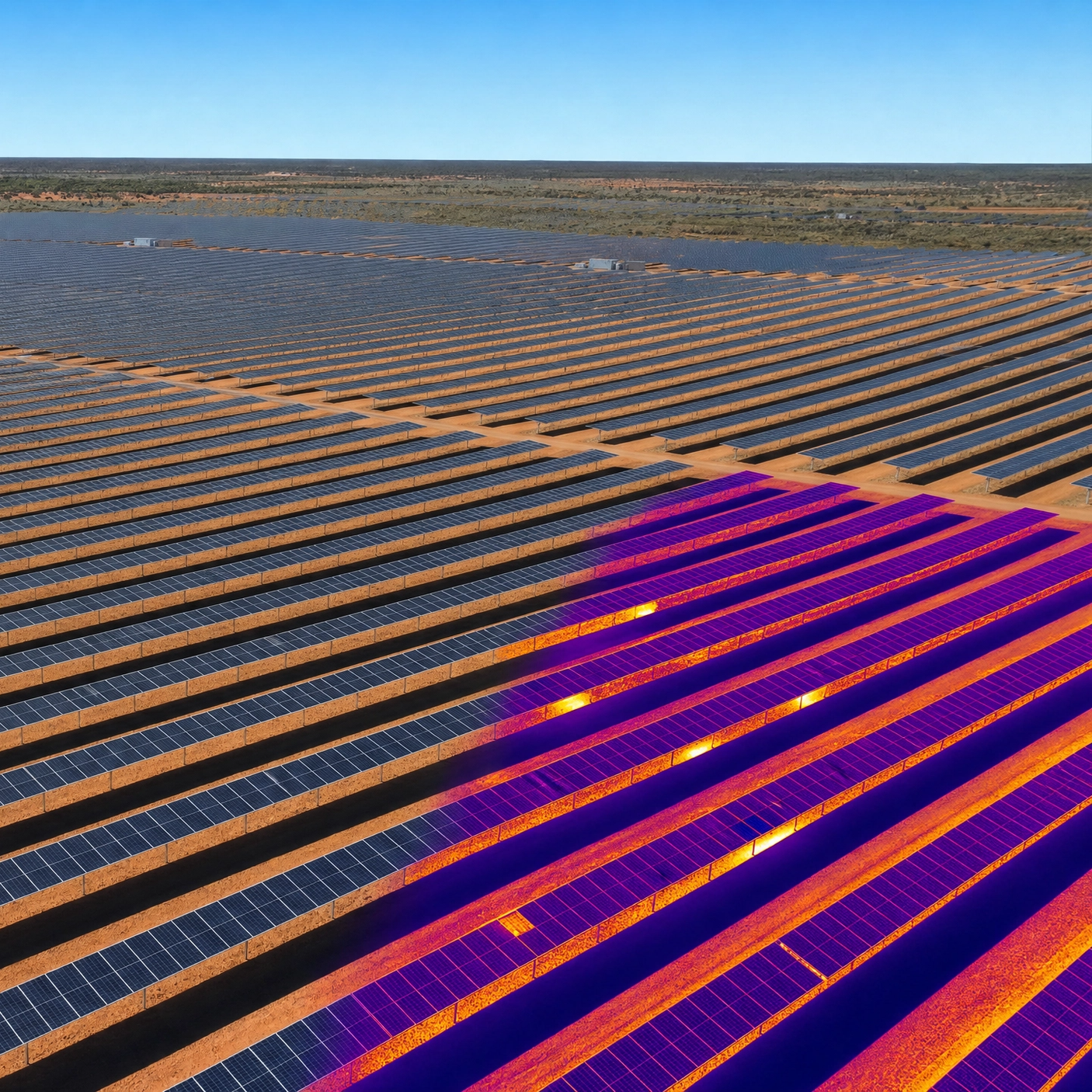 A large solar farm with rows of solar panels in a desert landscape, with some panels shown with thermal overlay so defective cells glow and are only visible by thermal drone imaging by DeepSky IQ.