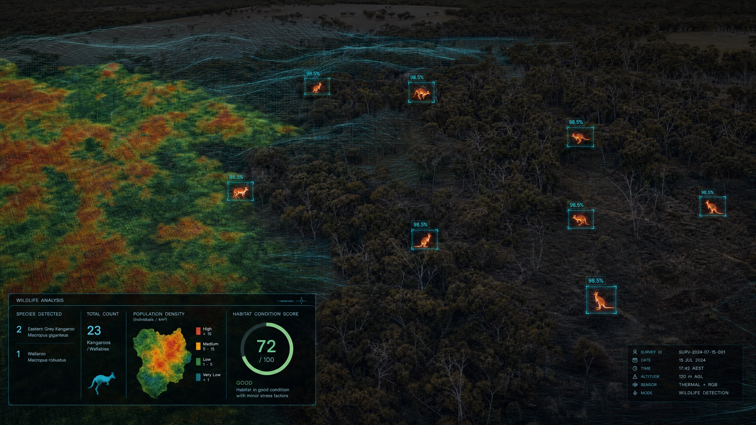 The DeepSky Terra image demonstrates the correlation between vegetation health (NDVI on the left) and species presence (detections clustered in healthier habitat areas)
