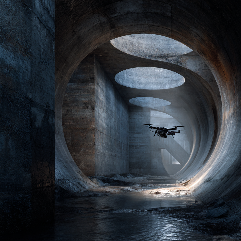 A drone flying inside a tunnel with circular openings and over water by DeepSky IQ