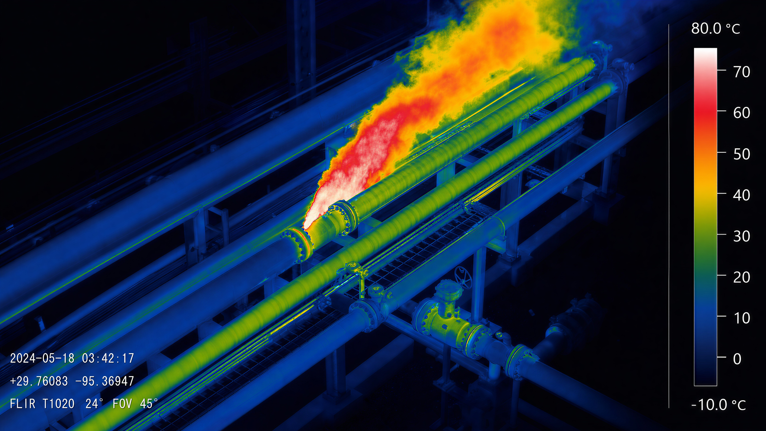 Infrared radiometric thermal drone camera image of industrial pipes leaking gas, indicating temperature differences from -10°C to 80°C, by DeepSky IQ