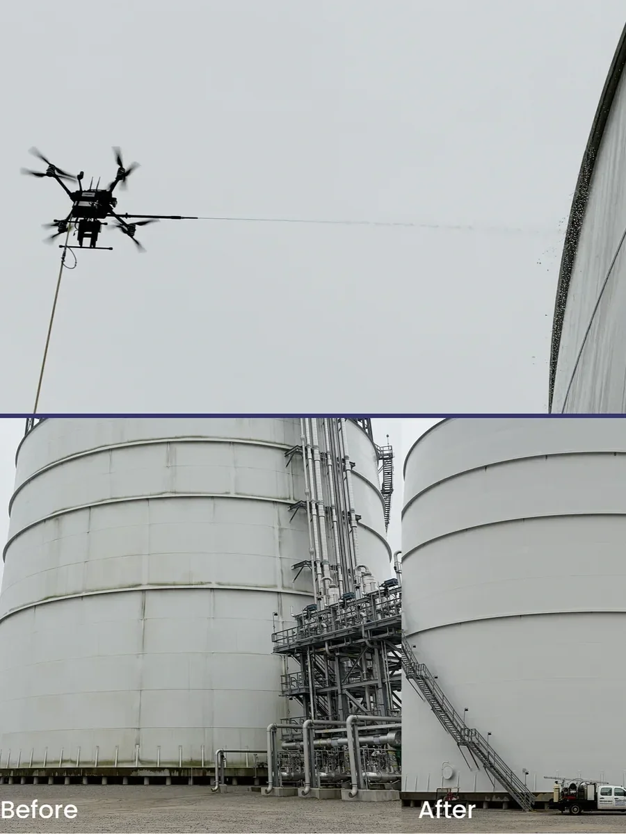 deepSky IQ - Exterior drone and ground based soft washing shown cleaning a Gas terminal with the before and after images showing the excellent results they can achieve using less water, removing risks and faster than other methods