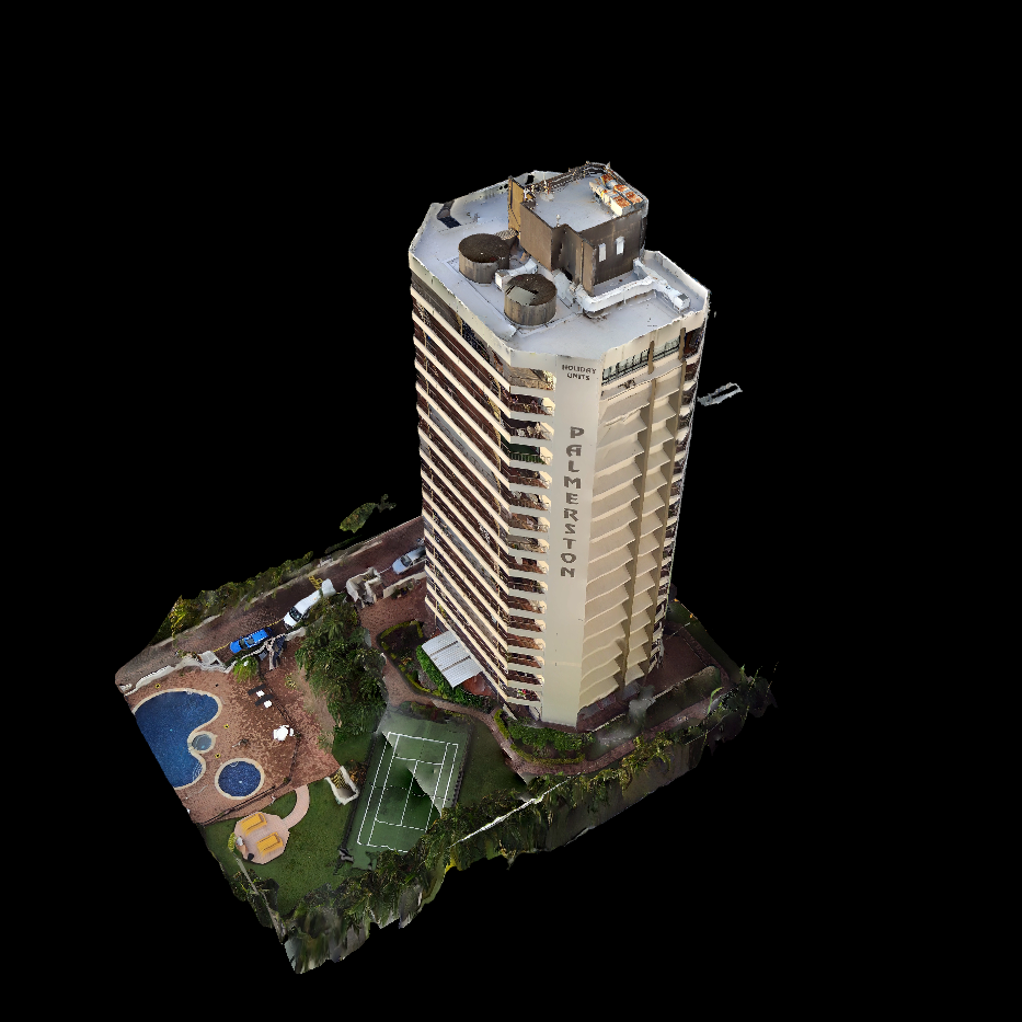 3D digital twin of a tall beige hotel building with the name 'Palmerston' on the side, surrounded by a swimming pool, tennis courts, greenery, and a parking lot for defect detection and analysis by DeepSkyIQ.