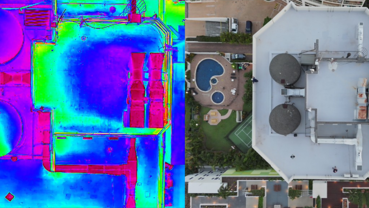 Comparison of a thermal image of a building's rooftop on the left and an aerial photograph of the same rooftop on the right, showing different perspectives of the area.
