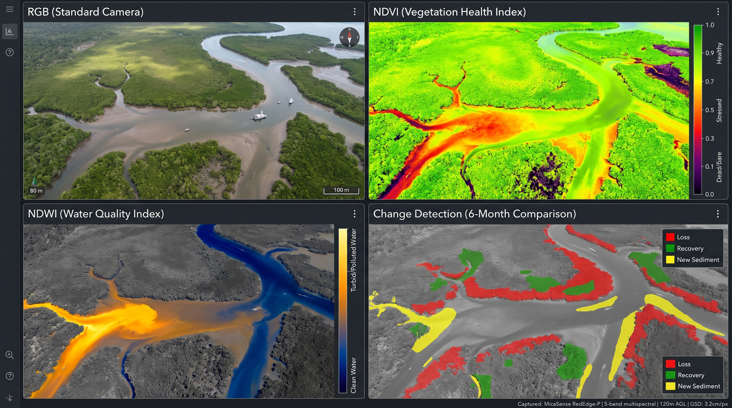 DeepSky IQ aerial drone images with a multispectral overlay, showing vegetation health, water quality, and change detection over the area, trending over a six-month period.