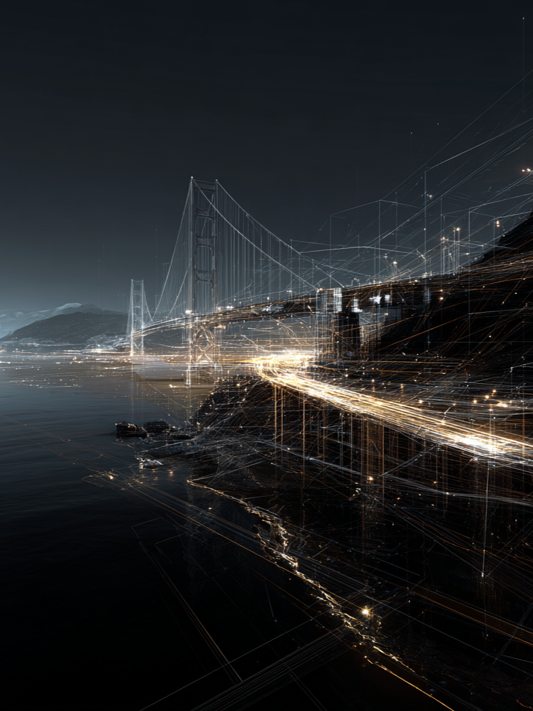 A digital representation of a bridge as a digital twin with an overlay of annotations and points by DeepSky IQ