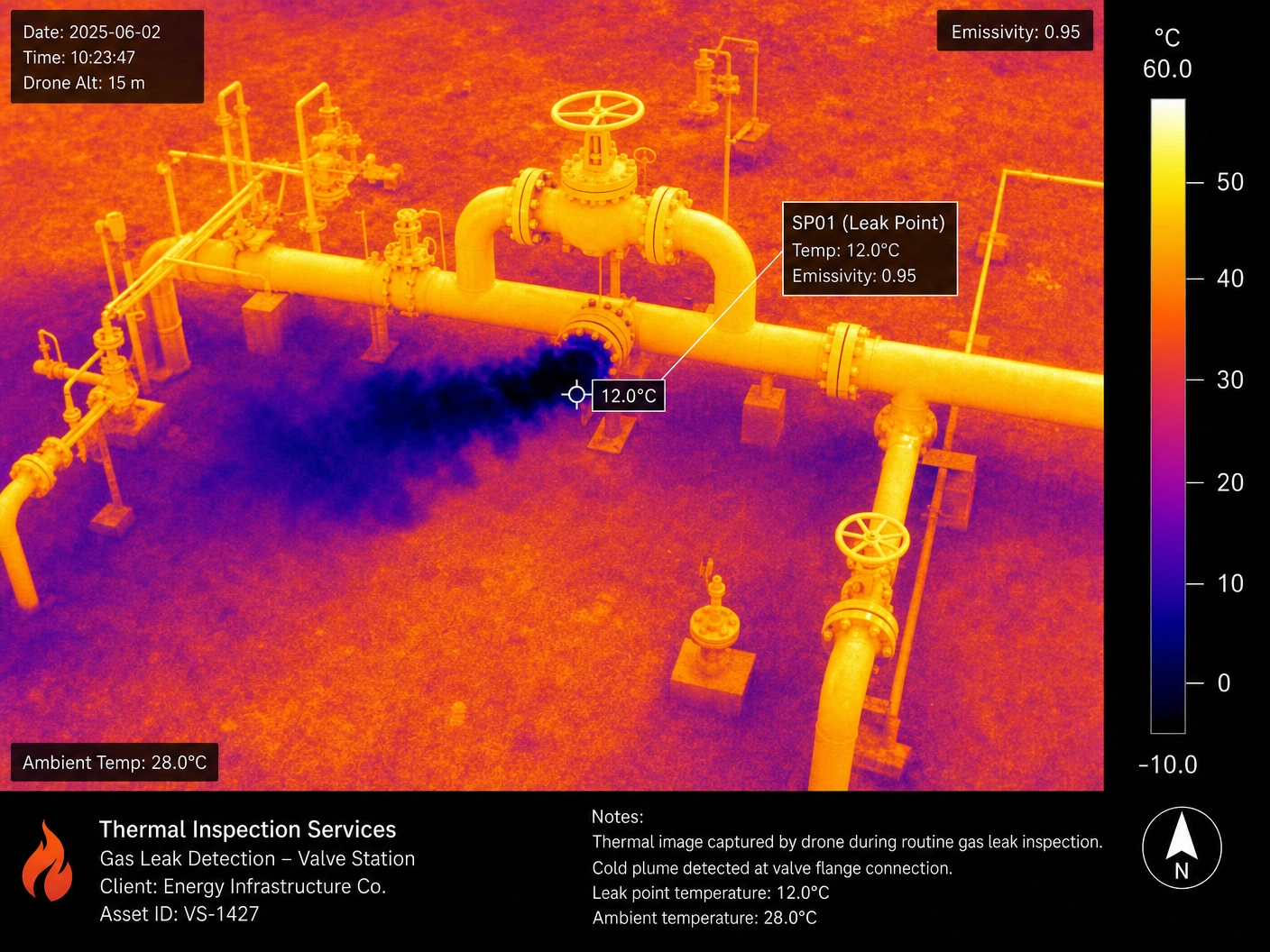 Infrared radiometric thermal image of a gas pipeline with a leak at a valve flange connection taken by a drone from DeepSky IQ.