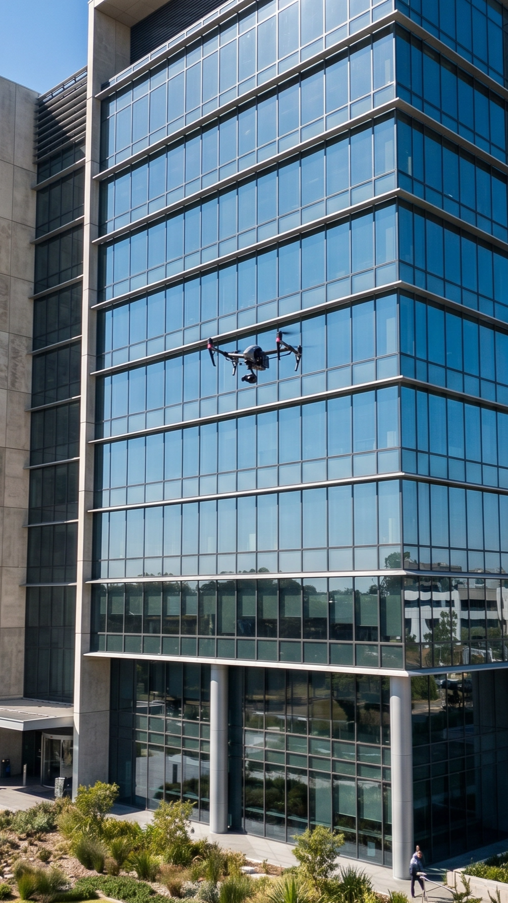 A drone is inspecting the front of a tall modern glass building, reflecting the sky and surroundings by DeepSky IQ.
